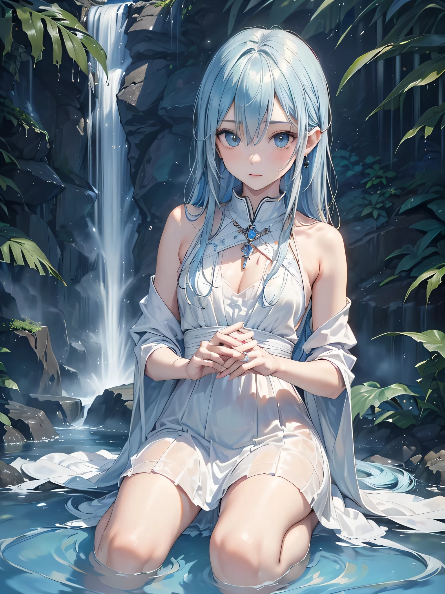 ((Biologically correct limb count)),(( From head to toe,Full-body photo including face)),4K,((Standing position)),masterpiece,((Focus on the face)),((Symmetrical facial features)),Eyes with detailed description,Beautiful woman,Great style,Beautiful arms,Beautiful legs,Beautiful Hands,(Small Ass,Thin thighs),Detailed depiction of the face,Small earrings,necklace,(White dress,((evening,Kneel、waterfall、Playing in the river、splashes rise)),((blue blonde)),Realistic photo,Focus on the face,Dripping Water