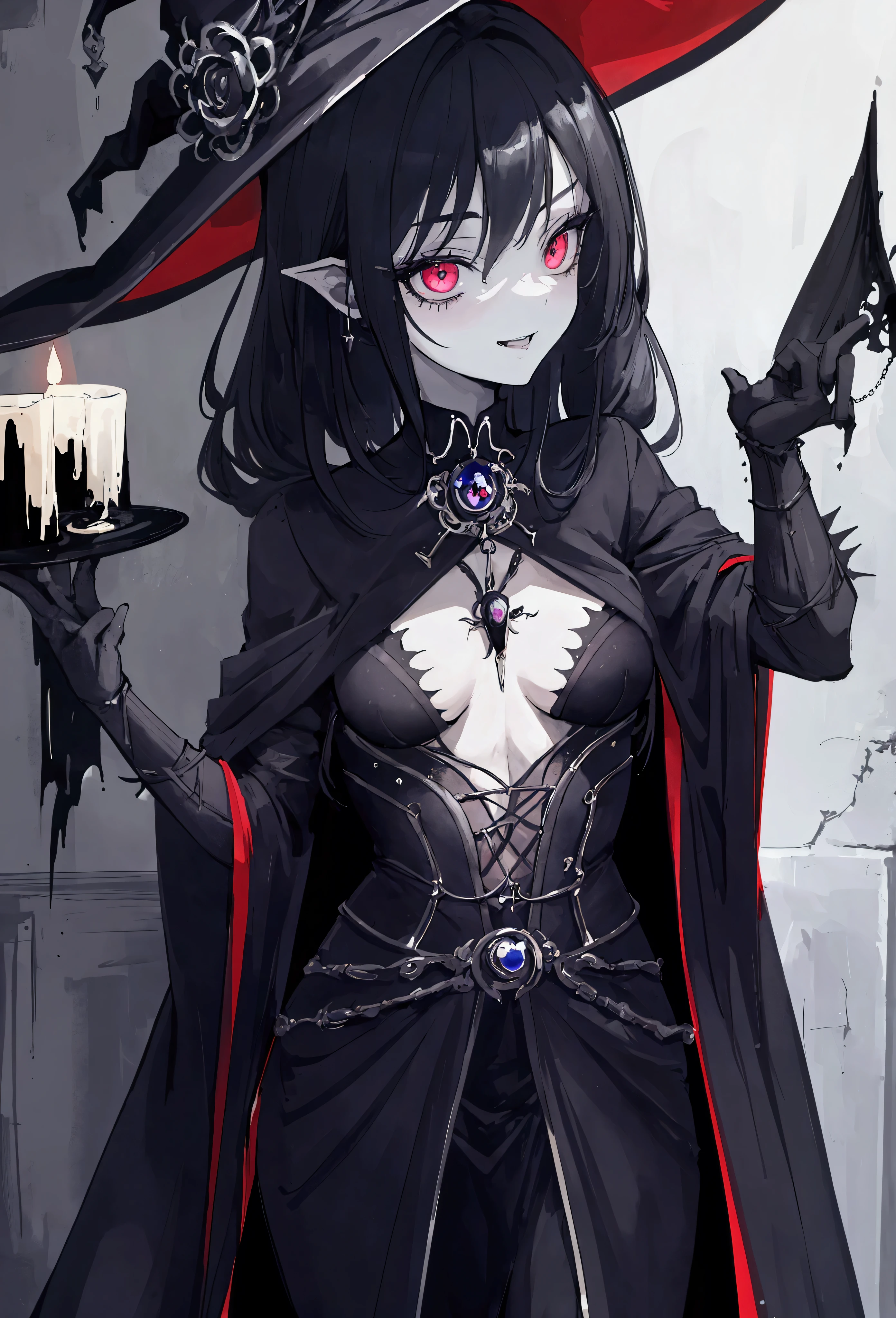 ((Best masterpiece, Perfect quality, Ultra detailed)), A witch girl, With skinny body, With small breasts, Wearing goth robe, Giggling