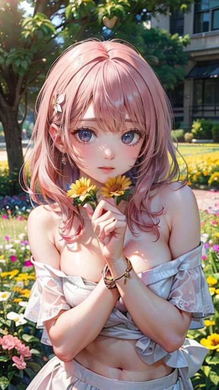 (Masterpiece, BestQuality:1.3), (ultra detailed:1.2), (hyperrealistic:1.3), (RAW photo:1.2), High detail RAW color photo, professional photograph, (Photorealistic:1.4), (realistic:1.4), (Pink Hair:1.5), professional lighting, perfect anatomy, (Big Breasts:1.2), (blush, detailed face), (A happy smile:1.7), sexly, erotic sexly, Random sexy gravure poses, (A beautiful woman wearing an orange off-shoulder top and a white skirt、A gentle expression in a flower field、Gold Bracelet、Pose picking flowers。:1.3)