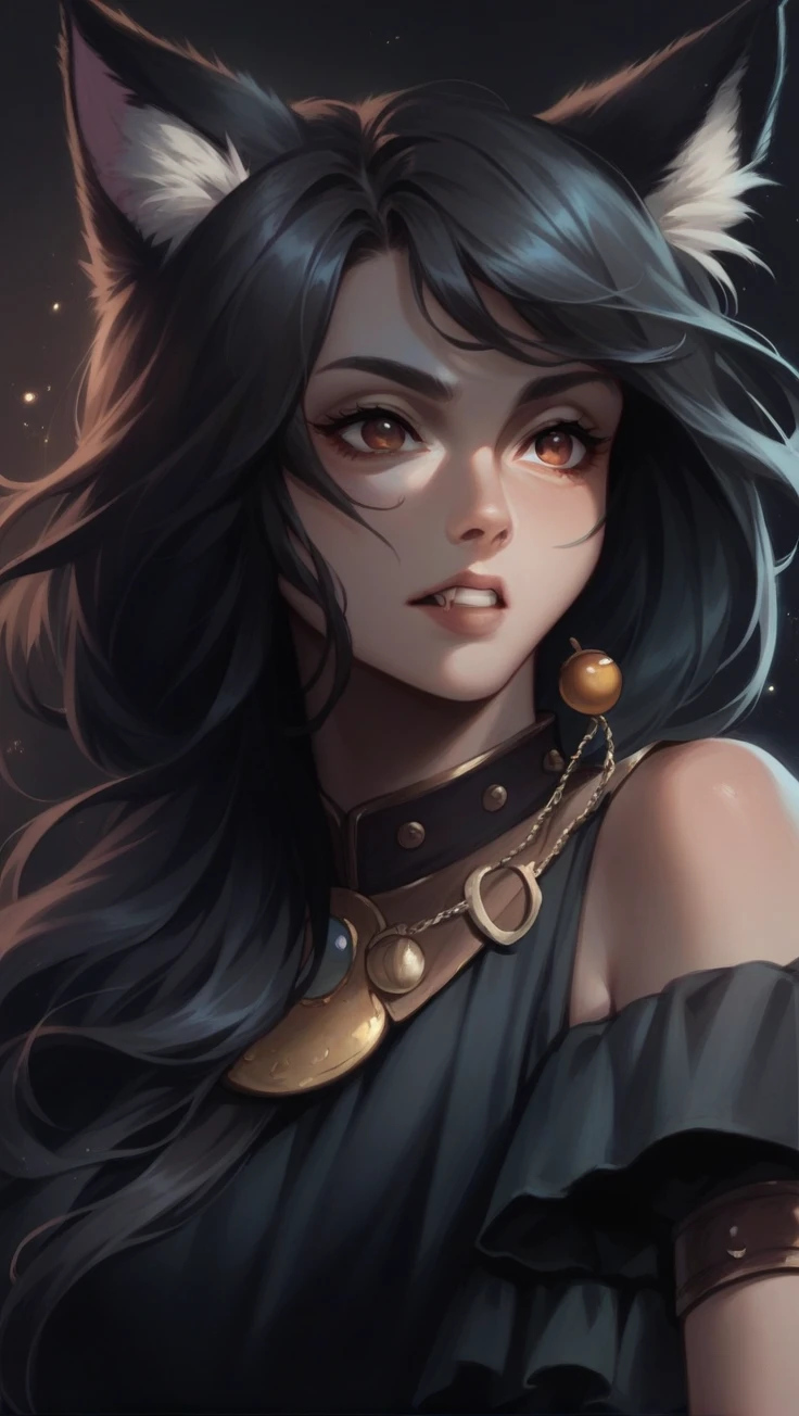 A black-haired young woman with brownish cat ears, Neko, two lines horizontally across the cheeks, young woman, cat person, Discord profile picture, dark background, forest, medieval city, brown eyes, rice teeth