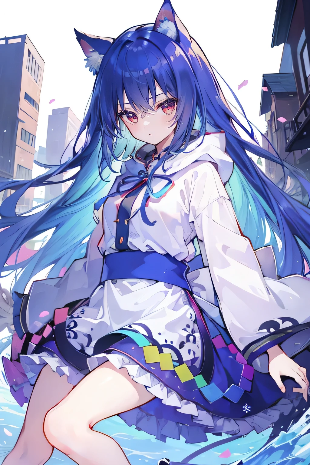(masterpiece:1.2),Super detailed,lifelike,Expressive eyes,fair skin,perfect face shape,1 girl,
Japanese comics,Gorgeous blue hair,flowing blue hair,flowing clothes,Cat ears,Petals fall,beautiful lola,Baby Angel,
Shaking head with one hand,Cross your legs,smile, wearing hoodie, ,back views,snowing, winter,City Street Scene,winter。