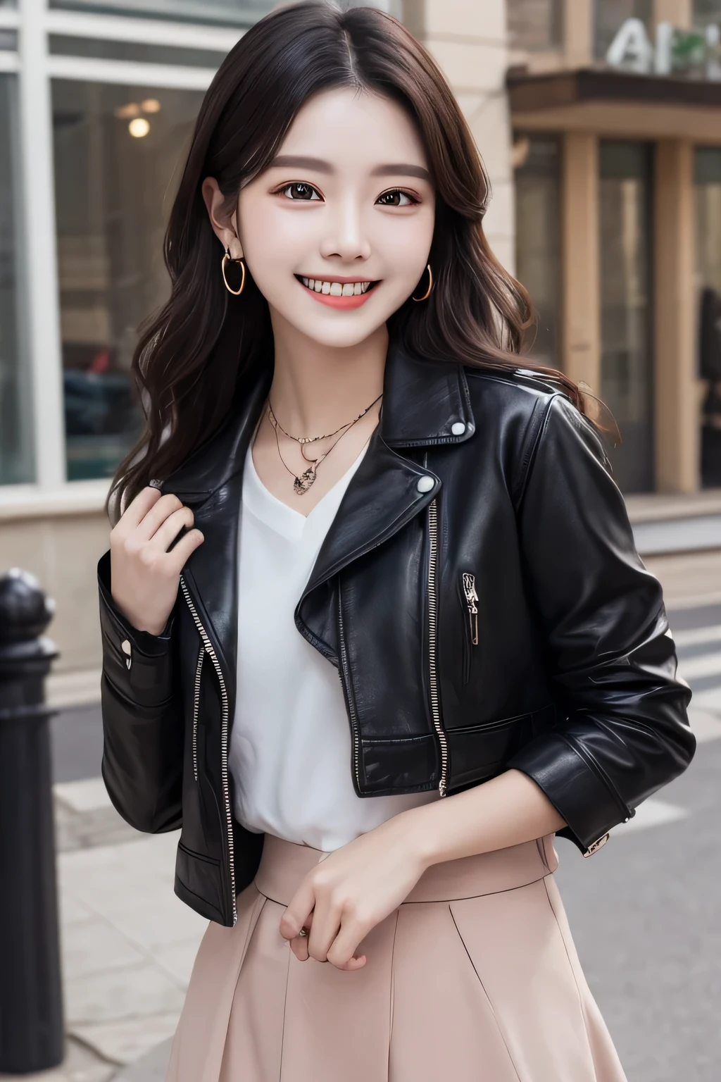 Highest quality, ,smile、Beautiful teeth alignment、Black Hair、Dark eyeliner、Jacket、shirt、ear piercing、necklace,、The background is the building's corridor.