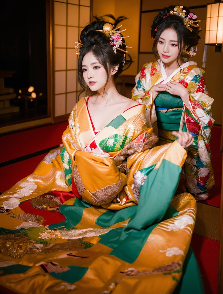 ((masterpiece(:1.4)，Highest quality，Ultra-high resolution，Highest quality，8k，Very detailed，In detail))。night，Japanese，Beautiful woman，Golden Ratio Style，glamorous，Big Breasts，Oiran，Long-sleeved kimono，Tying up hair，hair ornaments，Smoke Tube，can，Gorgeous and luxurious，(イメージビデオの撮影で遊郭にてOiranに扮したグラビアアイドルの様子)，super high quality，Realistic，Real person