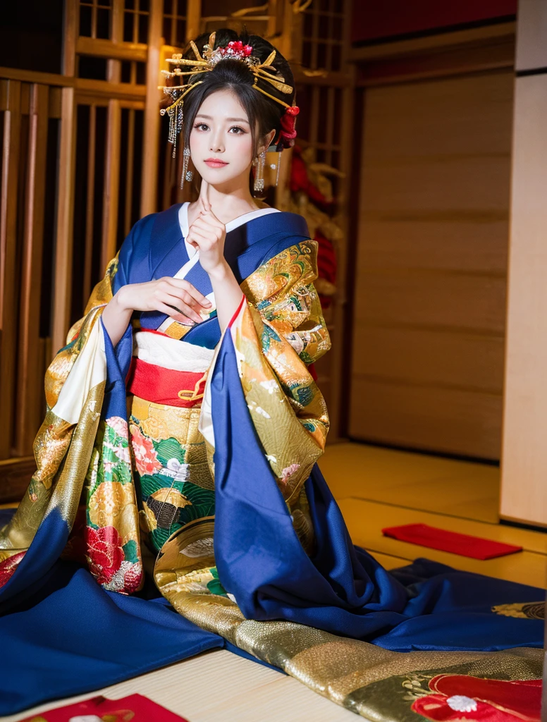 ((masterpiece(:1.4),Highest quality,Ultra-high resolution,Highest quality,8k,Very detailed,In detail))。night,Japanese,Beautiful woman,Golden Ratio Style,glamorous,Big Breasts,Oiran,Long-sleeved kimono,Tying up hair,hair ornaments,Smoke Tube,can,Gorgeous and luxurious,(イメージビデオの撮影で遊郭にてOiranに扮したグラビアアイドルの様子),super high quality,Realistic,Real person