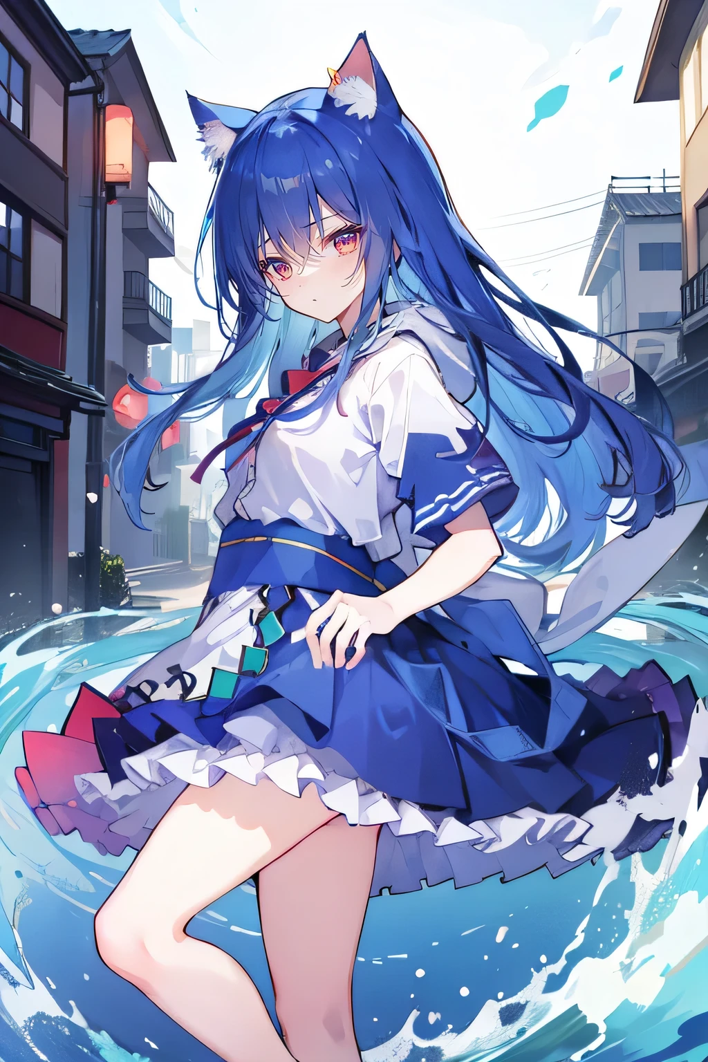 （masterpiece：1.2），Super detailed，lifelike，Expressive eyes，fair skin，perfect face shape，1 girl，
Japanese comics,Gorgeous blue hair,flowing blue hair,flowing clothes,Cat ears,Petals fall,beautiful lola,Baby Angel,
Shaking head with one hand，Cross your legs，smile, wearing hoodie,snowing，City streets。