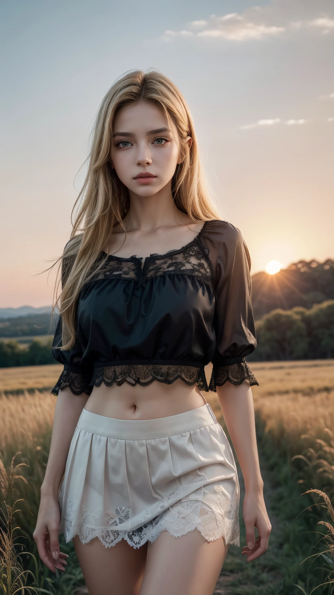 ((cos todo)) ((Visible knees)) ((visible hands)) A photorealistic photograph of a full-length cos, from front view, slim, Bullish, Youngh, blonde, 20 year, Supermodel, fitness model standing in a meadow using a ((lace blouse and mini skirt)) . The woman has a beautiful, toned,  cos. the image is realistic, highy detailed. resolução muito Bullish, 8k rendering, late afternoon lighting with the setting sun and the red horizon. The lighting is perfect, the scene is clear, Extreme realism, cinematic image. Hyper detailed face, beautiful piercing eyes, Adriana Grande&#39;s lookalike, Long hair blowing in the wind, seductive outfit ((colorfully)) 