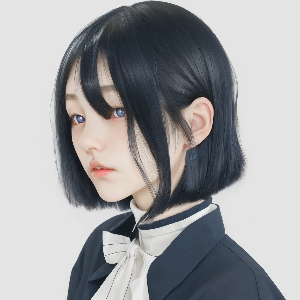 neat japanese girl age is teenager fetures of whole body black hair midium straight hair style small face dark blue pupils thin upper lip milky white skin
