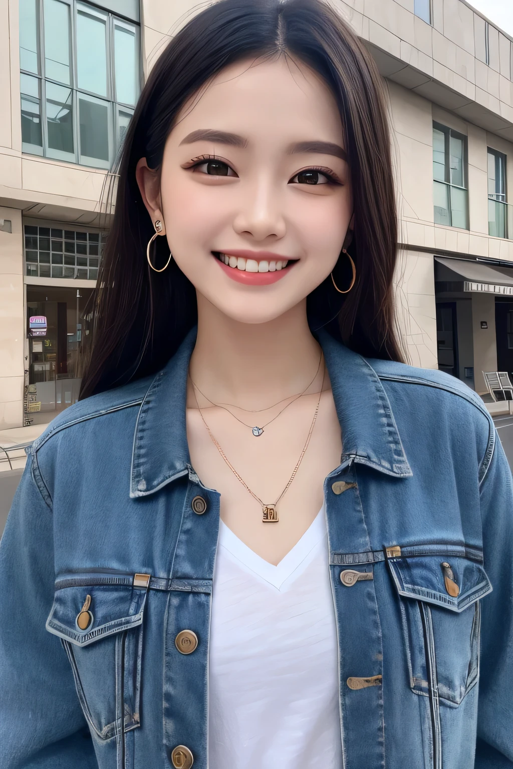 Highest quality, ,smile、Beautiful teeth alignment、Black Hair、Dark eyeliner、Jacket、shirt、ear piercing、necklace,、The background is the building&#39;s corridor.