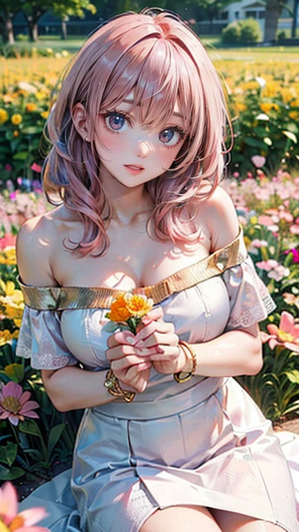 (Masterpiece, BestQuality:1.3), (ultra detailed:1.2), (hyperrealistic:1.3), (RAW photo:1.2), High detail RAW color photo, professional photograph, (Photorealistic:1.4), (realistic:1.4), (Pink Hair:1.5), professional lighting, perfect anatomy, (Big Breasts:1.2), (blush, detailed face), (A happy smile:1.7), sexly, erotic sexly, Random sexy gravure poses, (A beautiful woman wearing an orange off-shoulder top and a white skirt、A gentle expression in a flower field、Gold Bracelet、Pose picking flowers。:1.3)