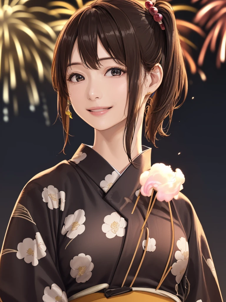 (Highest quality、8k、32K、masterpiece)、(Realistic)、(Realistic:1.2)、(High resolution)、Very detailed、Very beautiful face and eyes、(((Women's Solo Shot)))、Tight waist、(Highest quality、Attention to detail、Rich skin detail)、(Highest quality、8k、Oil paints:1.2)、(Realistic、Realistic:1.37)、Bright colors、(((Full Body Shot)))、(((Bob Hair)))、(((Medium Hair)))、(((Side Ponytail)))、(((smile)))、(((Brown Hair)))、(((She is wearing a yukata with a fireworks pattern)))、(((Black and pink yukata)))、(((Summer Festival at Night)))、(((Eat cotton candy)))、