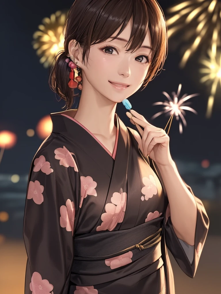(Highest quality、8k、32K、masterpiece)、(Realistic)、(Realistic:1.2)、(High resolution)、Very detailed、Very beautiful face and eyes、(((Women's Solo Shot)))、Tight waist、(Highest quality、Attention to detail、Rich skin detail)、(Highest quality、8k、Oil paints:1.2)、(Realistic、Realistic:1.37)、Bright colors、(((Full Body Shot)))、(((Bob Hair)))、(((Medium Hair)))、(((Side Ponytail)))、(((smile)))、(((Brown Hair)))、(((She is wearing a yukata with a fireworks pattern)))、(((Black and pink yukata)))、(((Summer Festival at Night)))、(((Eat cotton candy)))、