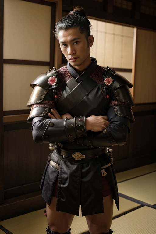 Samurai armor, Japanese handsome guy, Gay hugging, Samurai, The History of Homosexuality in Japan, topless, top-knot hairstyle, standing, Full Frame, Professional Lighting, Japanese temple background.