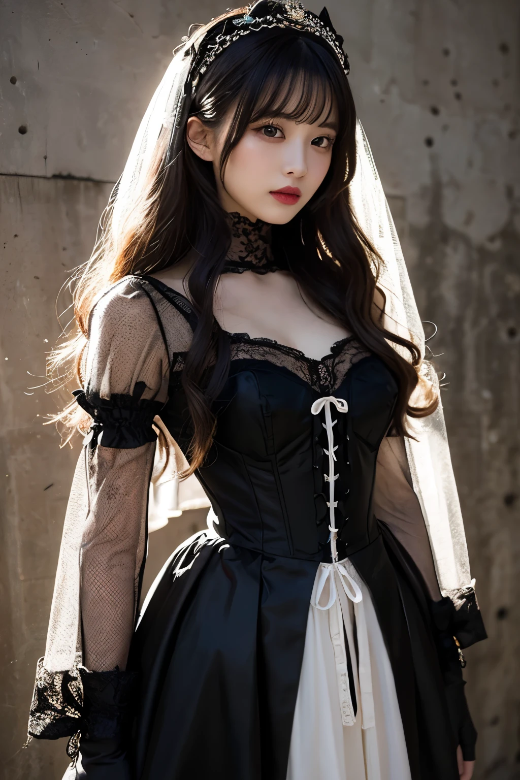 In the center of the image is the、A female character standing in an elegant gothic lolita outfit。She is turning slightly to the left。The character has silver hair with distinctive bangs and curls.、She wears a black lace headpiece and a long veil。Her makeup is dramatic、Dark eyeliner and thick lipstick accentuate her mysterious and brooding look.。大きな胸、ランダムでセクシーなポーズ

She wore a black dress with intricate lace detailing and multiple layers of ruffles.、It extends to the ankles。The bodice of the dress is decorated with a large black bow and corset-like lacing.。long sleeves、Comes with lace cuffs。She also、She wears black lace gloves that match her headpiece and veil.。

The background consists of a light-colored wall with decorative floral patterns.、It contrasts sharply with her dark outfit.。Soft, diffused light comes in from the left.、The soft lighting highlights the texture of her dress and accessories.、It creates shadows。

The overall atmosphere of the image is melancholic and elegant.、It captures the essence of Victorian-influenced Gothic fashion.。