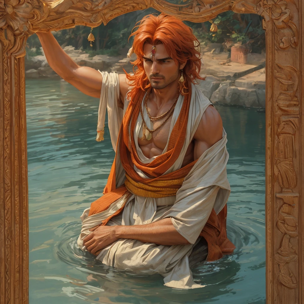 8K High-resolution, ultra-detailed image: Sonu, a man with large, vibrant orange hair, is depicted in the image. He is depicted as the prey of God, sitting calmly and humbly within a grand Indian temple. The temple is located by a serene river, the water gently flowing by, creating a tranquil atmosphere. The image is a representation of Tom Cruise as an Indian character, named Sonu, dressed in a traditional Indian dhoti. The image is a masterpiece, with intricate details, textured perfectly, and intensely focused light that brings the scene to life. The image captures the essence of a cinematic moment, making it a stand
