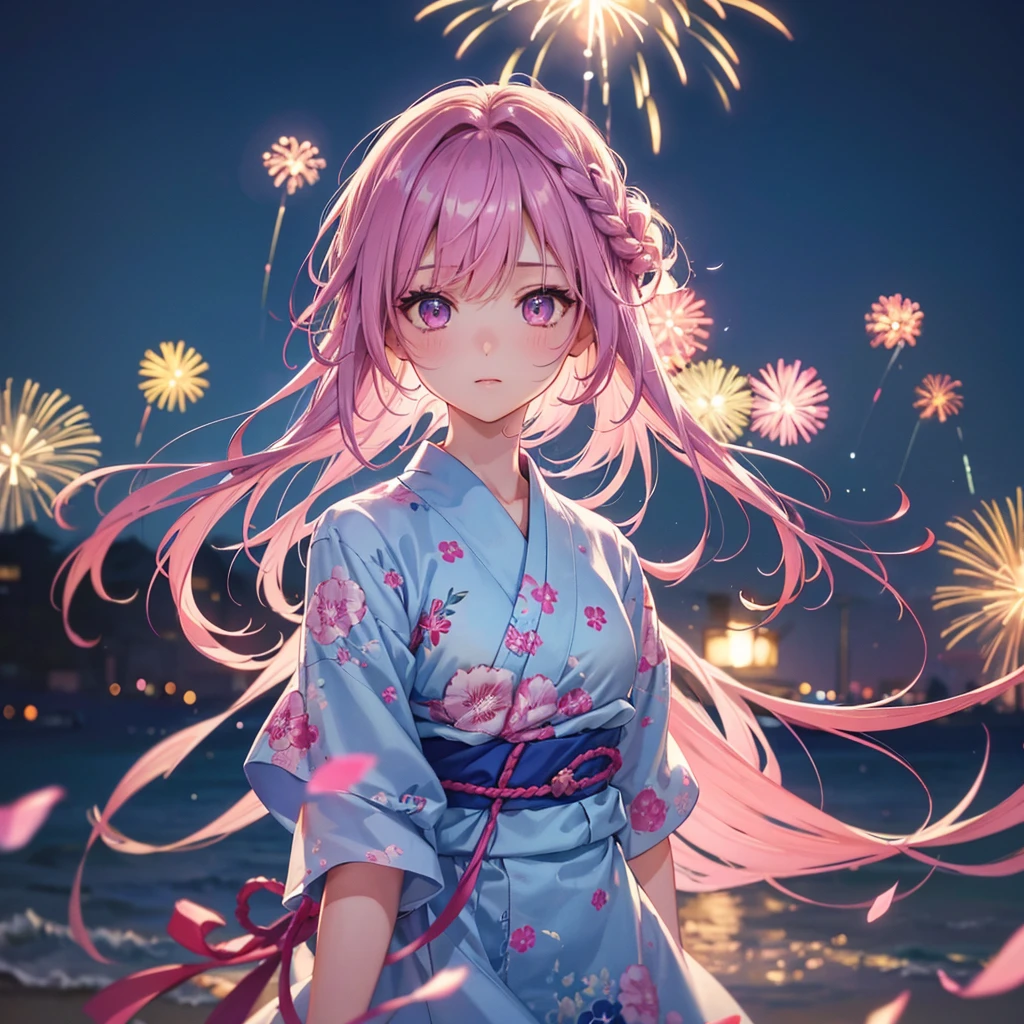 Sky Blue Medium Hair, (Braided Hair),(Pink Eyes),Fair skin ,(whole body),(1 girl)、yukata、summer night、Spectacular fireworks display、Straight bangs,(masterpiece, Highest quality, Very detailed, Best Shadow), (Detailed Background), (Beautifully detailed face), High Contrast, (Best lighting, Very delicate and beautiful), ((Cinematic Light)), colorful, Hyper Detail, Dramatic Light, Intricate details,Fireworks filling the sky、