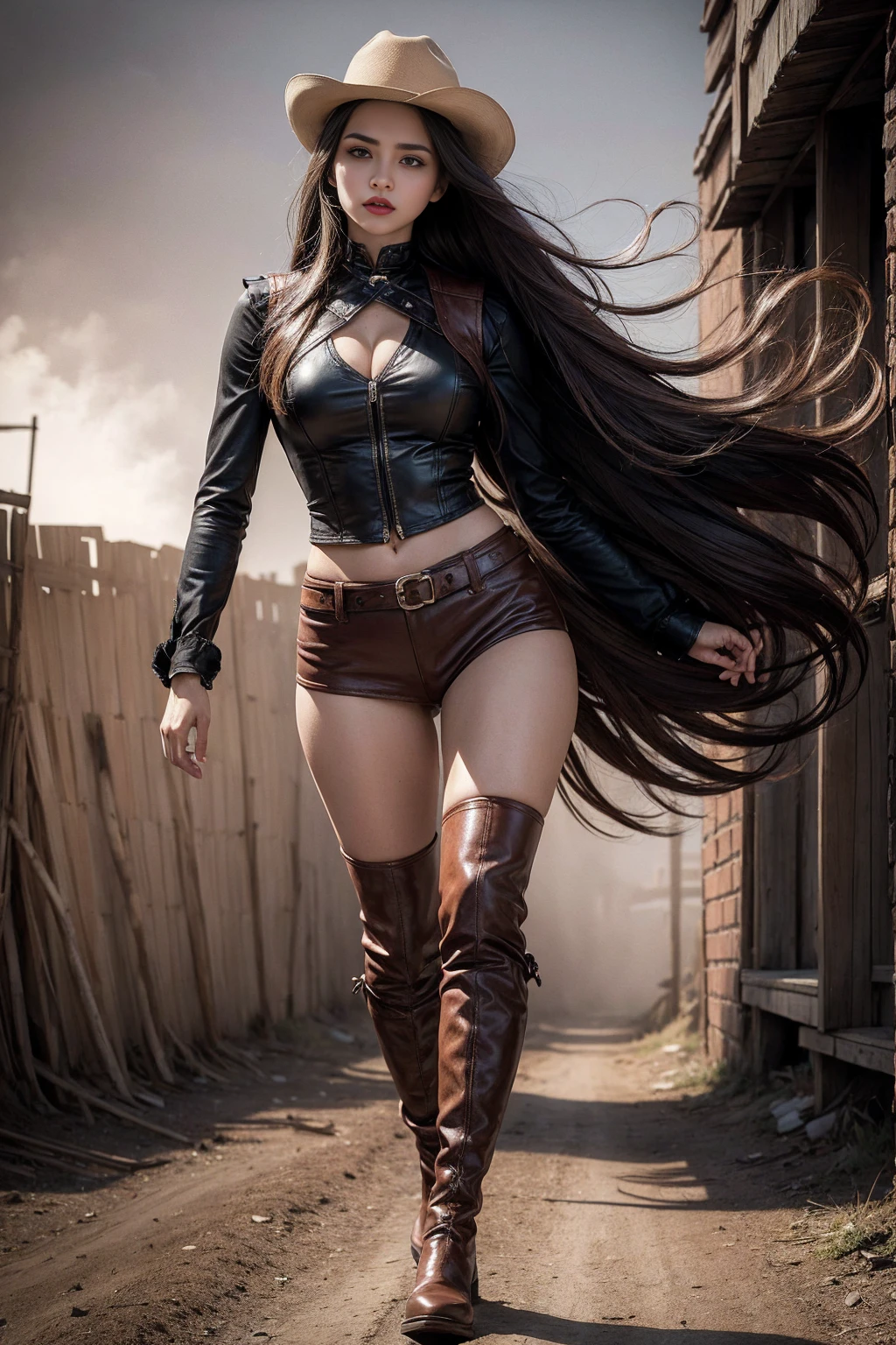 Full body cowboy woman circa 1880s, Brown long straight hair, Brown eyes, High arched eyebrows, Slender and graceful neck, Red lips, Large Breasts, Brown Leather Tights, Sleeveless Brown Leather Vest, Leather Boots, Walking on the dusty sandy streets of a deserted North American town,The wind blew through her hair, Practical, photoPractical, photoPractical, fear, Dark gloomy atmosphere and dramatic lighting, dark red, Foggy environment, Detailed facial expressions, Terrible fog