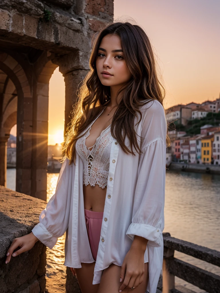 8K、master piece、highest quality、highest level、Highest image quality、muste piece、intricate details、high resolution、depth field、Natural light、professional lighting、A tourist city in Europe that has flourished since ancient times、The town is colored red by the setting sun、sunset sky、(1girl)、solo、Photographing an Italian girl from a distance、The girl's whole body is visible in the camera's viewfinder.、(cute:1.2)、(high detail skin: 1.2)、Photorealistic anime girl rendering、Realistic anime 3D style、beautiful bright blonde hair、intense blue eyes、strong eye highlights、big chest、perfect anatomy、crossed bangs、asymmetrical bangs、stick out ears、eyelashes、(casual fashion、hort boots)、Realistic Cars、((tourist cities in italy、The town is colored red by the setting sun、A streetscape with a sense of history、Luxury hotel with marble entrance、cafe terrace、high church tower、detailed old castle、sunset sky、Staring at the sunset and the city))、