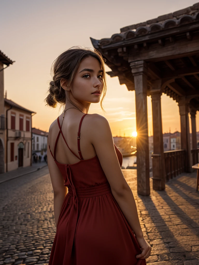 8K、master piece、highest quality、highest level、Highest image quality、muste piece、intricate details、high resolution、depth field、Natural light、professional lighting、A tourist city in Europe that has flourished since ancient times、The town is colored red by the setting sun、sunset sky、(1girl)、solo、Photographing an Italian girl from a distance、The girl&#39;s whole body is visible in the camera&#39;s viewfinder.、(cute:1.2)、(high detail skin: 1.2)、Photorealistic anime girl rendering、Realistic anime 3D style、beautiful bright blonde hair、intense blue eyes、strong eye highlights、big chest、perfect anatomy、crossed bangs、asymmetrical bangs、stick out ears、eyelashes、(casual fashion、hort boots)、Realistic Cars、((tourist cities in italy、The town is colored red by the setting sun、A streetscape with a sense of history、Luxury hotel with marble entrance、cafe terrace、high church tower、detailed old castle、sunset sky、Staring at the sunset and the city))、