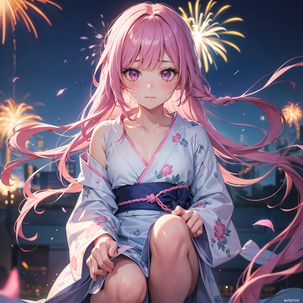 Sky Blue Medium Hair, (Braided Hair),(Pink Eyes),Fair skin ,(whole body),(1 girl)、yukata、firework、Crouch down、線香firework、Straight bangs,(masterpiece, Highest quality, Very detailed, Best Shadow), (Detailed Background), (Beautifully detailed face), High Contrast, (Best lighting, Very delicate and beautiful), ((Cinematic Light)), colorful, Hyper Detail, Dramatic Light, Intricate details,