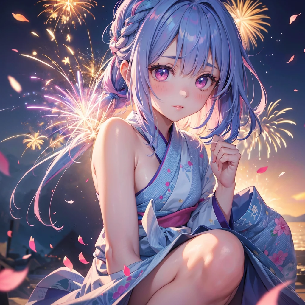 Sky Blue Medium Hair, (Braided Hair),(Pink Eyes),Fair skin ,(whole body),(1 girl)、yukata、firework、Crouch down、線香firework、Straight bangs,(masterpiece, Highest quality, Very detailed, Best Shadow), (Detailed Background), (Beautifully detailed face), High Contrast, (Best lighting, Very delicate and beautiful), ((Cinematic Light)), colorful, Hyper Detail, Dramatic Light, Intricate details,