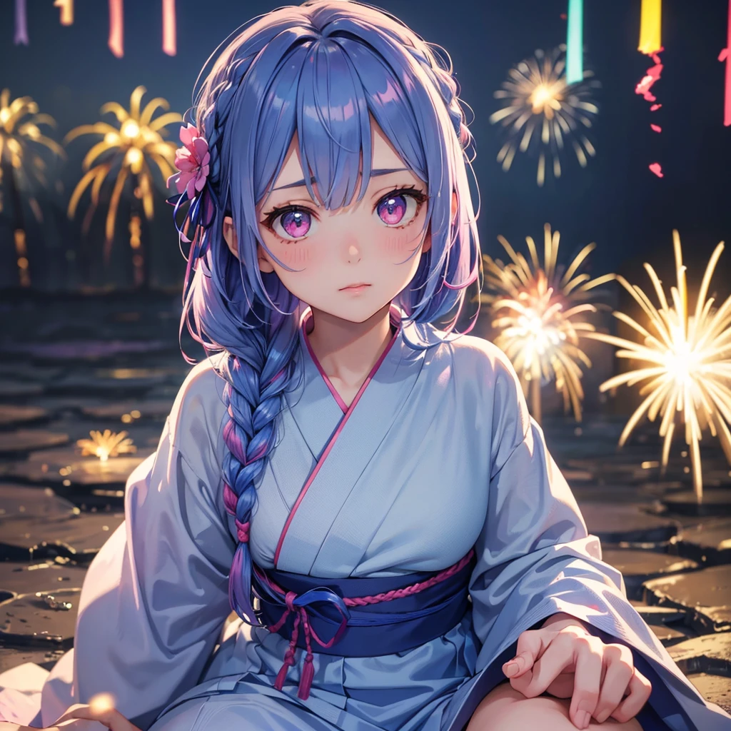 Sky Blue Medium Hair, (Braided Hair),(Pink Eyes),Fair skin ,(whole body),(1 girl)、yukata、firework、Crouch down、線香firework、Straight bangs,(masterpiece, Highest quality, Very detailed, Best Shadow), (Detailed Background), (Beautifully detailed face), High Contrast, (Best lighting, Very delicate and beautiful), ((Cinematic Light)), colorful, Hyper Detail, Dramatic Light, Intricate details,