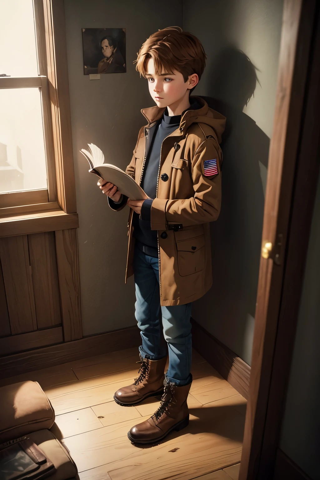 1 boy, Holding a book, Brown eyes, brown hair with red tips, usa bone, wear a coat, wears jeans, military boots, is investing, dark place, simple place, [paranormal order], [detailed artwork], [no error].