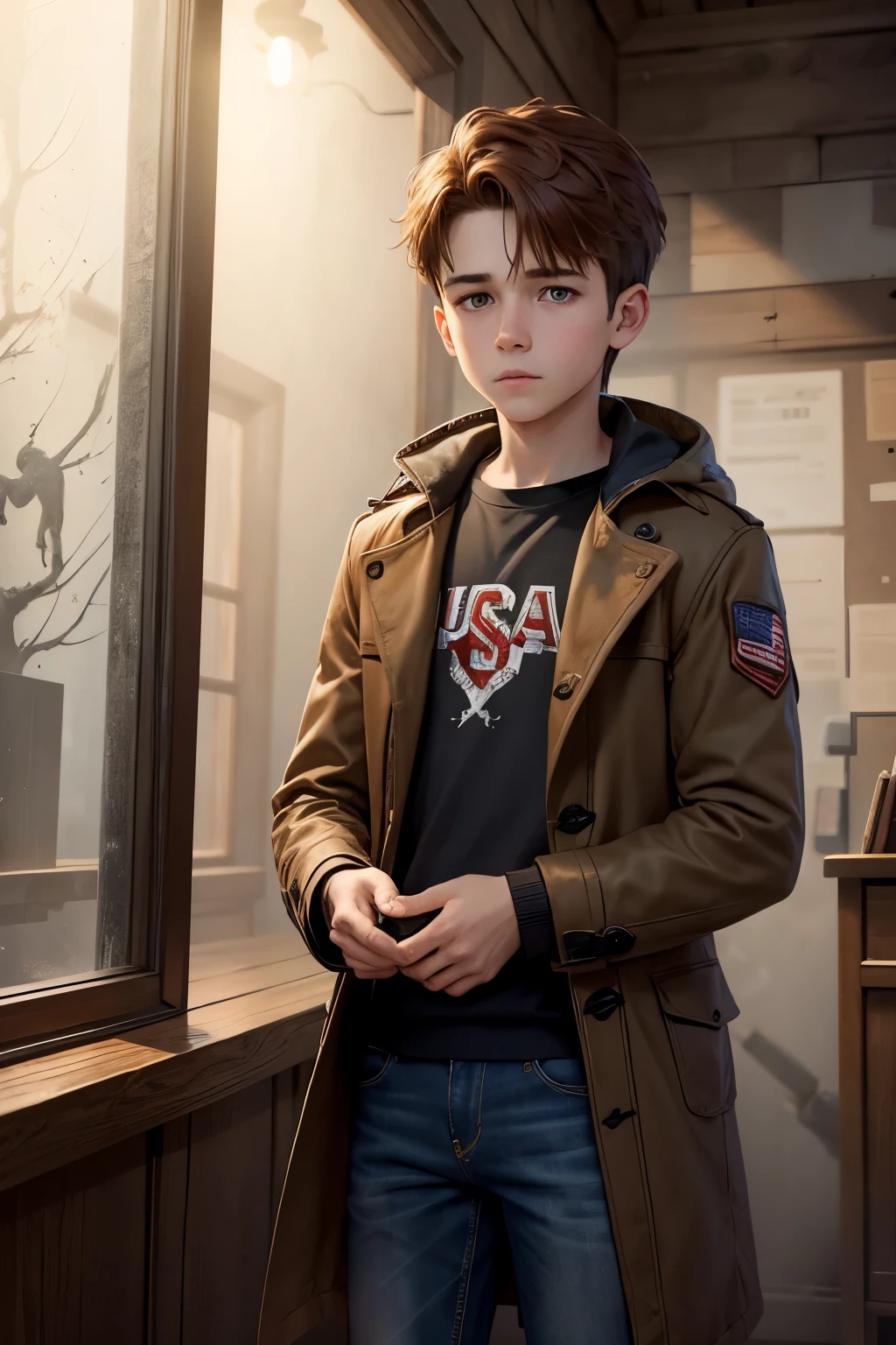 1 boy, Holding a book, Brown eyes, brown hair with red tips, usa bone, wear a coat, wears jeans, military boots, is investing, dark place, simple place, [paranormal order], [detailed artwork], [no error].