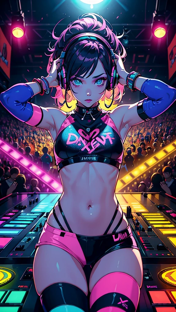 Female DJ, Colorful clothes , Peculiar, Vibrant appearance, Playful accessories, Creative Action, Imaginative, Voluntary, DJ headphones, Mixing Console, Music Clubs, Nightclub, Indie Theatre, People dancing on the dance floor々Background, Underground Dance Club, Highest quality, Skin Texture, Intricate details, (Cinema Lighting), RAW Photos, 8k