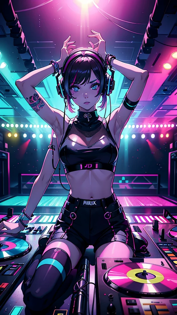 Female DJ, Colorful clothes , Peculiar, Vibrant appearance, Playful accessories, Creative Action, Imaginative, Voluntary, DJ headphones, Mixing Console, Music Clubs, Nightclub, Indie Theatre, People dancing on the dance floor々Background, Underground Dance Club, Highest quality, Skin Texture, Intricate details, (Cinema Lighting), RAW Photos, 8k