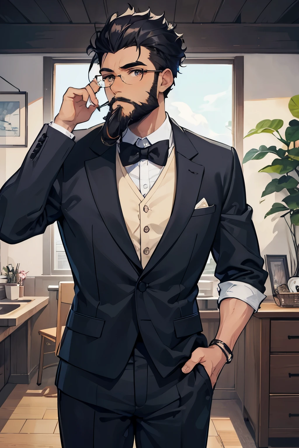 a young man with dark skin, with a lumberjack beard, wearing round glasses with thin metal frames, one a little bigger than the other, his curly hair with shaved sides and a medium-length top, wearing a very elegant suit, designed in the style of Studio Ghibli