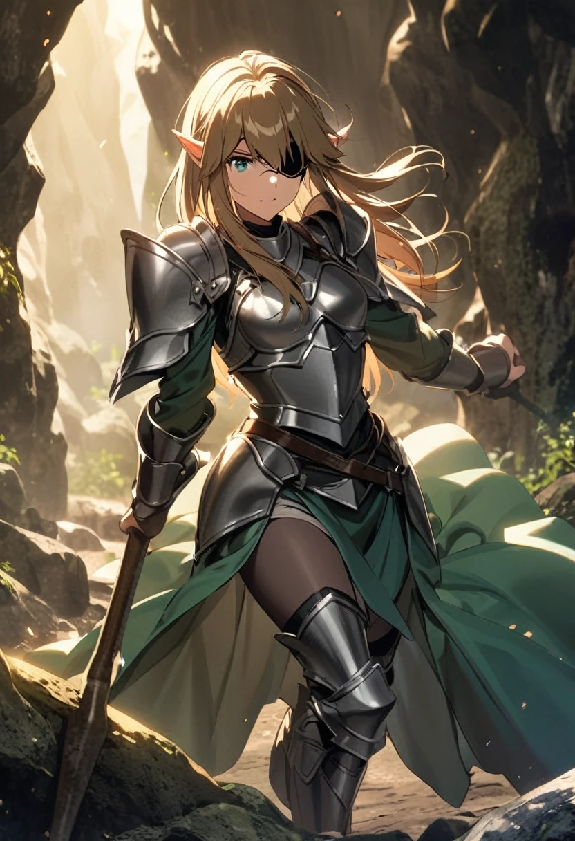 Elven woman in grey heavy armor with brown hair and eyepatch holding war hammer in the dark cave