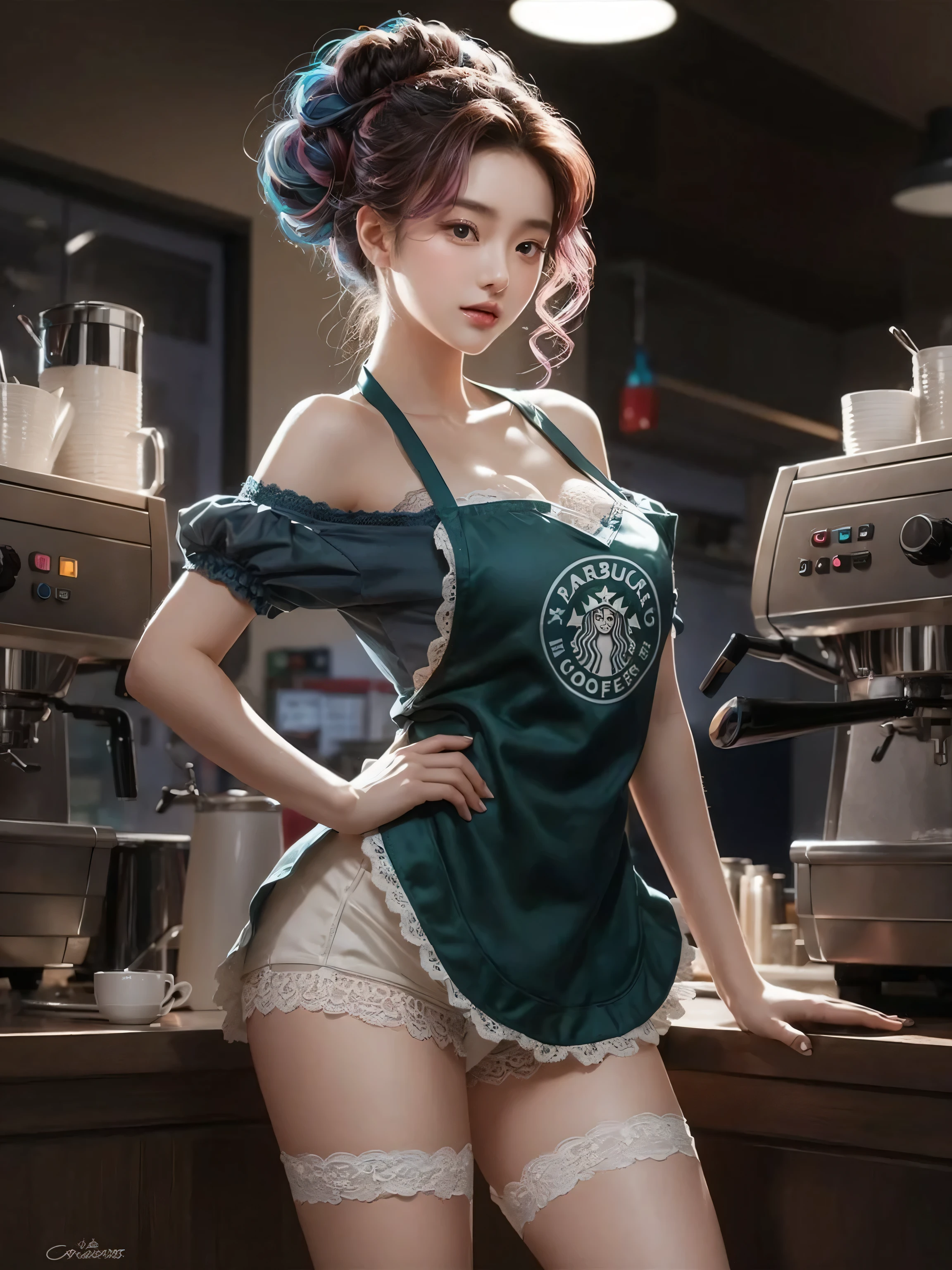 young korean female with a pear body shape and fair skin, she has a curvy larged-size chest, Cool beauty,Looks sweet,(updo, blue and pink hair), only wearing dark green starbucks apron, off-shoulders with lace strapless bra, white lace-trimmed underwear, she has big thigh, full body photo, standing pose. Side view. In coffee shop.