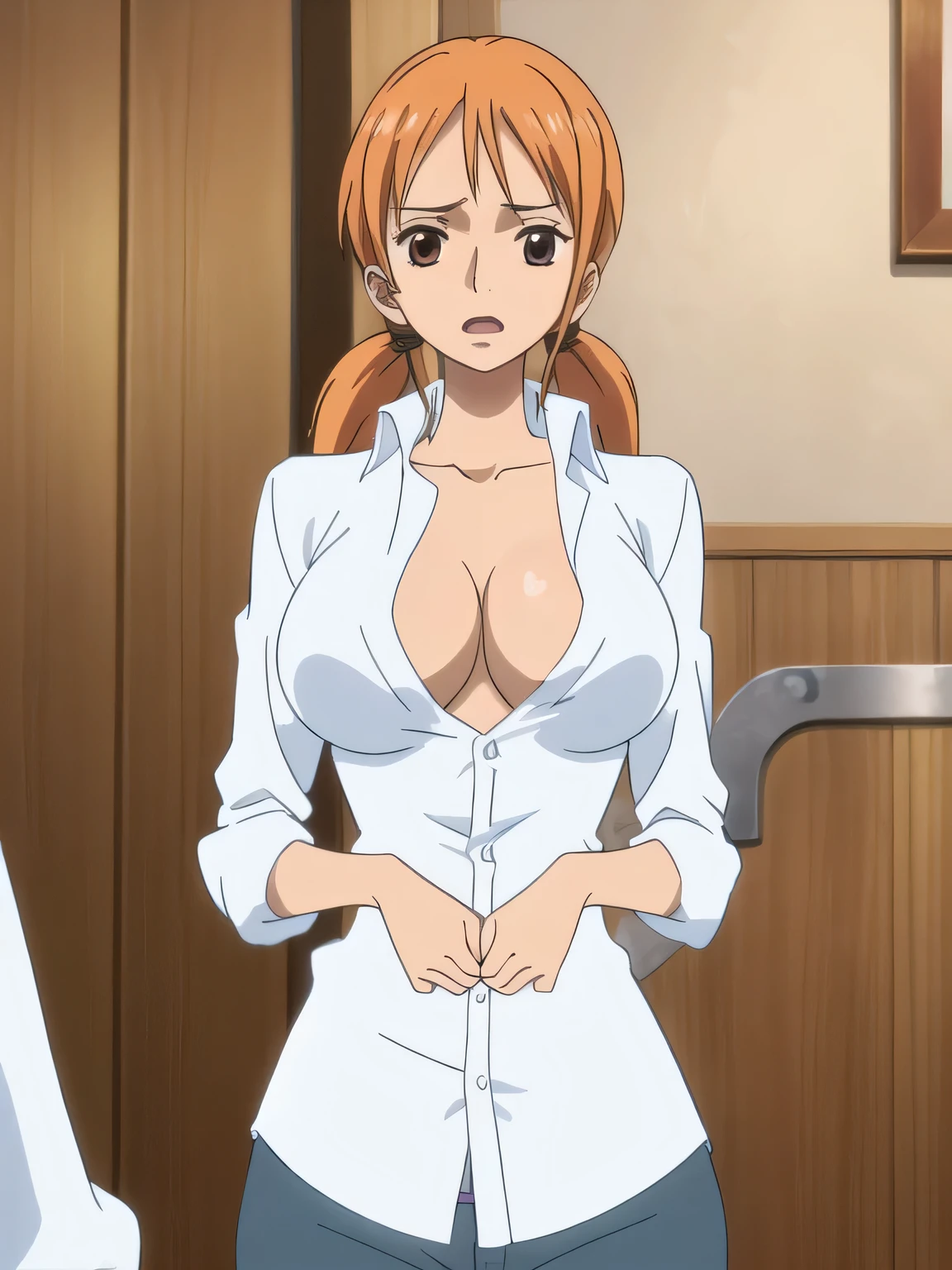 masterpiece, (最high quality), high quality, High resolution, Absurd, Very detailed, Best Anatomy, Detailed eyes, Perfect Eyes, Mature Woman, Namiend, No pants, No pants, One girl, alone, No shirt, Twin tails, Brown eyes, White While taking off his shirt, Orange Hair, short Twin tails, Folded sleeves,  ((Nipples))　Beautiful breasts　valley　(bra lift) (pubic hair) ((sbg,breast grab,breast lift,nipple))  exposed (ass pov,paizuri,1boy,hetero,1girl) ((1 boy and 1girl are having sex)) missionary position, spread legs, legs up cuw bukkake ,((1boy,big penis)) orgasm 