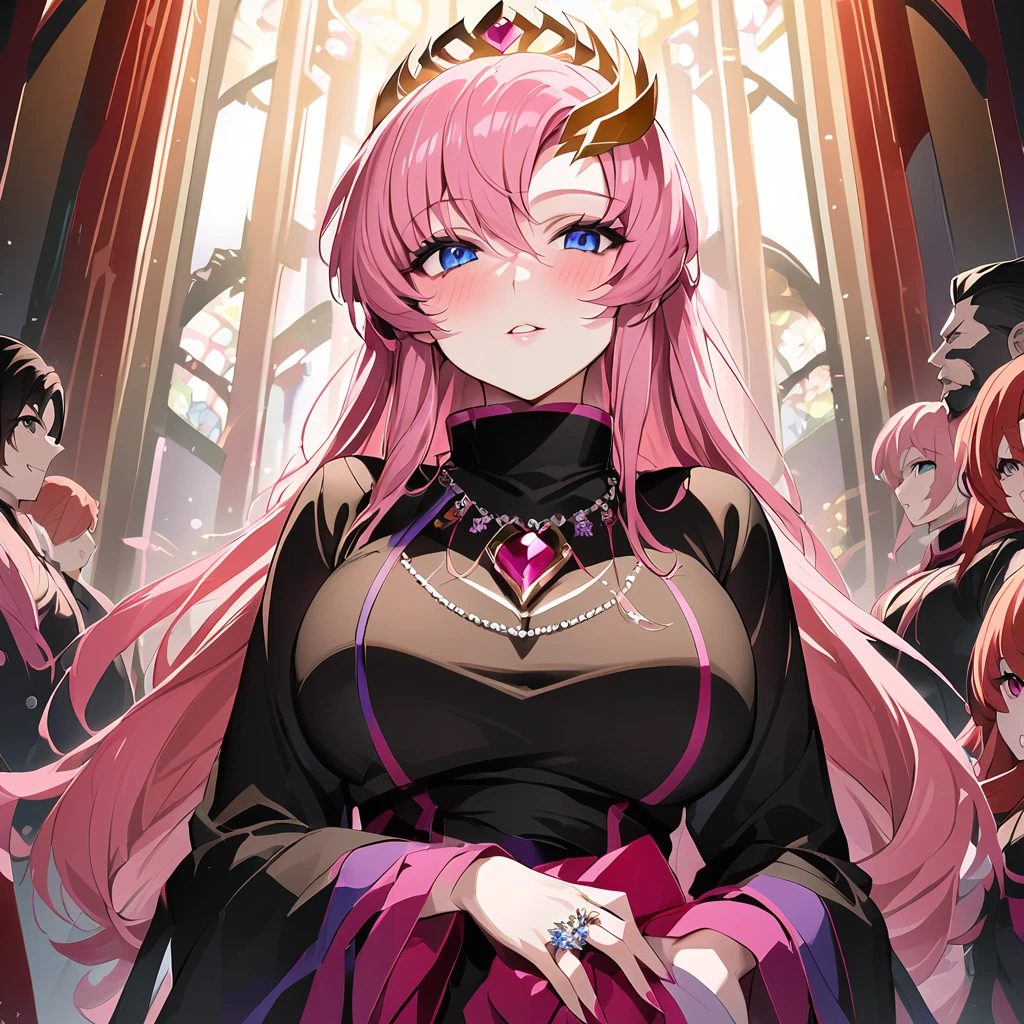 ((Highest quality)), ((masterpiece)), (detailed), （Perfect Face）、The woman is Lacus Clyne, a shrine maiden of the evil god, a saint of darkness, and the wife of the leader of the evil god cult. She has blue eyes, medium-long pink hair, a hair ornament, a gorgeous black shrine maiden outfit of the evil god, an evil god necklace, evil accessories, a gorgeous evil god head chain tiara, and an engagement ring.、The woman is the wife of a middle-aged, bearded cult leader who is revered by a mysterious cult of evil gods.、He is standing at the altar of the Evil God Cult with a mysterious cult leader dressed in luxurious cult leader clothing.