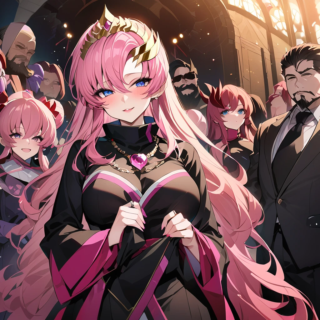 ((Highest quality)), ((masterpiece)), (detailed), (Perfect Face)、The woman is Lacus Clyne, a shrine maiden of the evil god, a saint of darkness, and the wife of the leader of the evil god cult. She has blue eyes, medium-long pink hair, a hair ornament, a gorgeous black shrine maiden outfit of the evil god, an evil god necklace, evil accessories, a gorgeous evil god head chain tiara, and an engagement ring.、The woman is the wife of a middle-aged, bearded cult leader who is revered by a mysterious cult of evil gods.、He is standing at the altar of the Evil God Cult with a mysterious cult leader dressed in luxurious cult leader clothing.