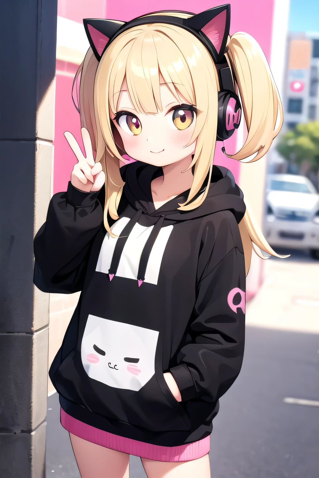 1 girl, pink kitten-shaped headphones, looking ahead at viewer, ssmile,peace sign ,quarto kawaii , mixed blonde and black hair, black hoodie without design,heart item,cinta,standing,trunk,
