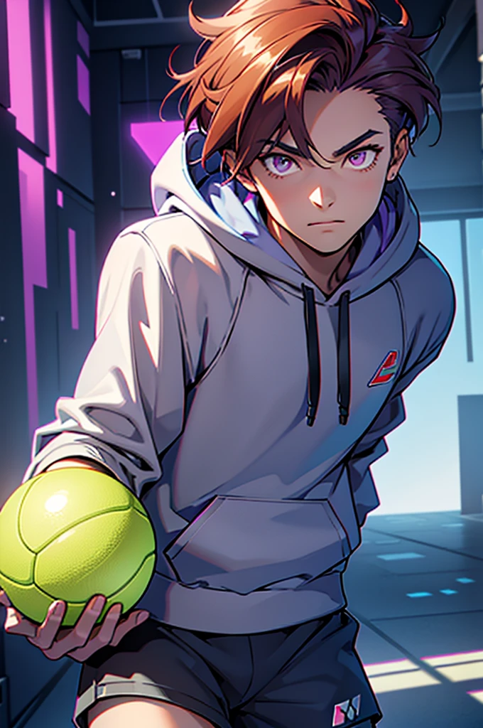 1boy, caramel hair, left eye red right eye 80%blue-20%darkviolet, wearing 80%blue-20%darkviolet hoodie, grey shorts, holding a realistic tennis ball sized ender pearl, minecraft bedwars, high res, ultrasharp, 8K, masterpiece, looking at ender pearl