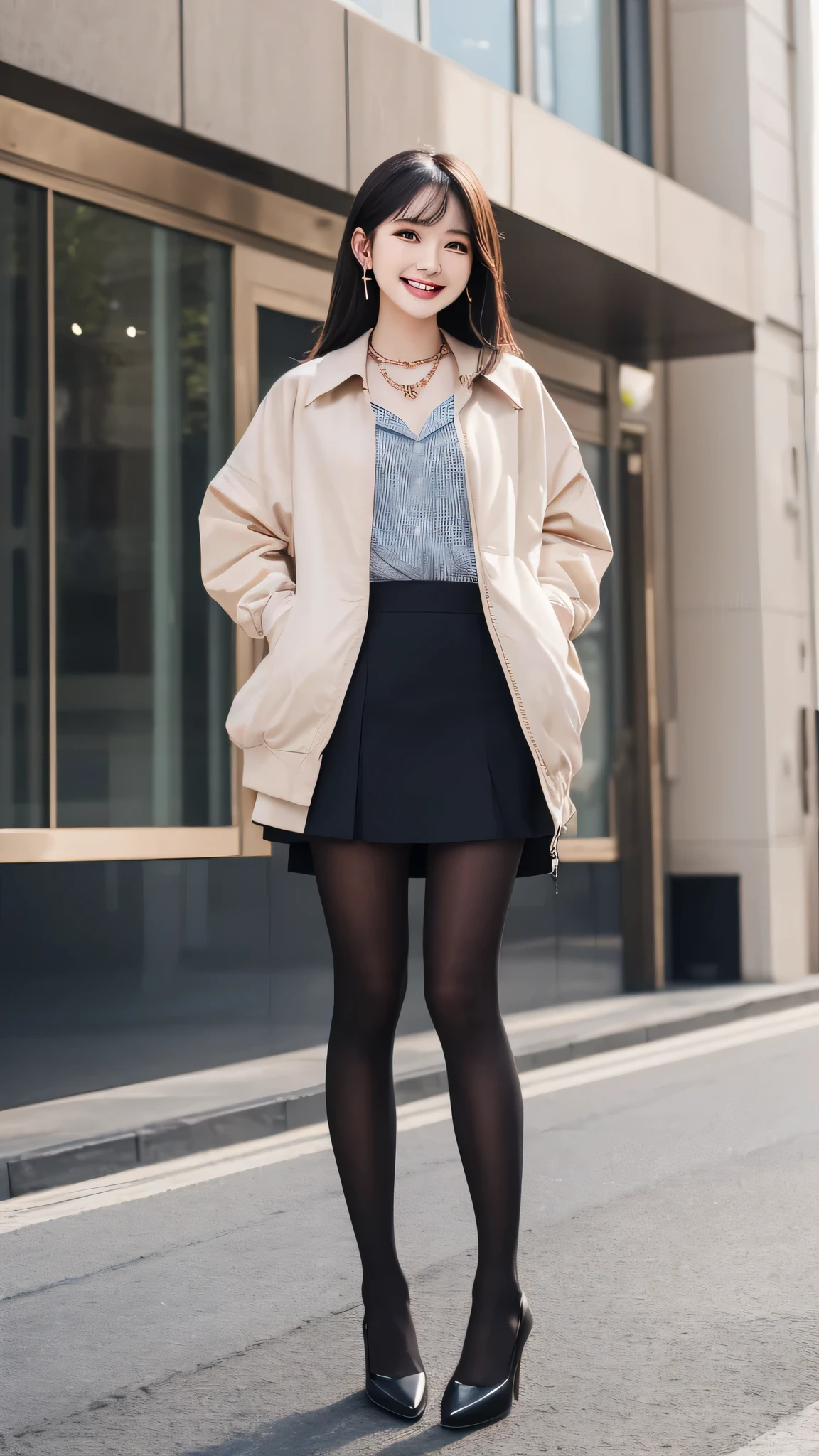Highest quality,Standing woman、Full body photo、 ,smile、Beautiful teeth alignment、Black Hair、Dark eyeliner、Jacket、shirt、Knee-length skirt、tights、pumps、ear piercing、necklace,、The background is the building's corridor.