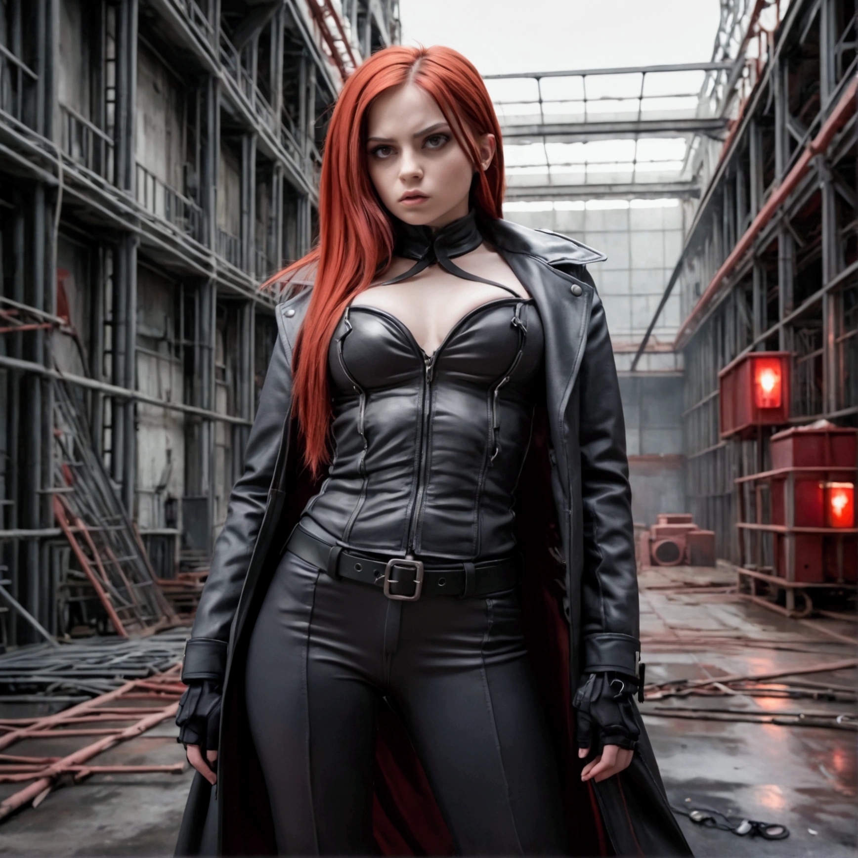 The image portrays a formidable young girl. She has an intense expression and is dressed in a long, black leather coat, exuding a strong, authoritative presence. Her attire includes a utility belt and other tactical gear, suggesting she is prepared for combat.
In her right hand, she a grips a menacing, curved weapon with a serrated edge