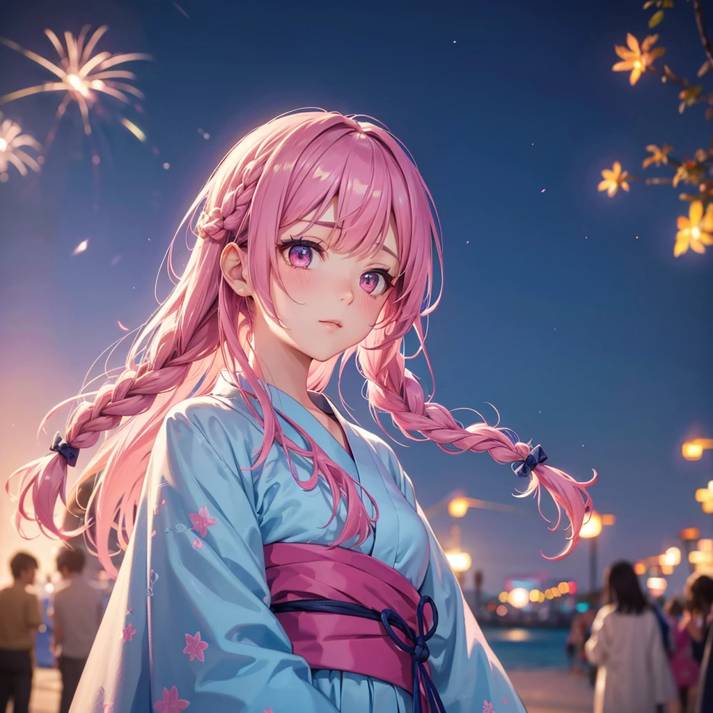 Sky Blue Medium Hair, (Braided Hair),(Pink Eyes),Fair skin ,(whole body),(1 girl)、yukata、summer night、Bright lights filling the night sky、Fireworks、Straight bangs,(masterpiece, Highest quality, Very detailed, Best Shadow), (Detailed Background), (Beautifully detailed face), High Contrast, (Best lighting, Very delicate and beautiful), ((Cinematic Light)), colorful, Hyper Detail, Dramatic Light, Intricate details,