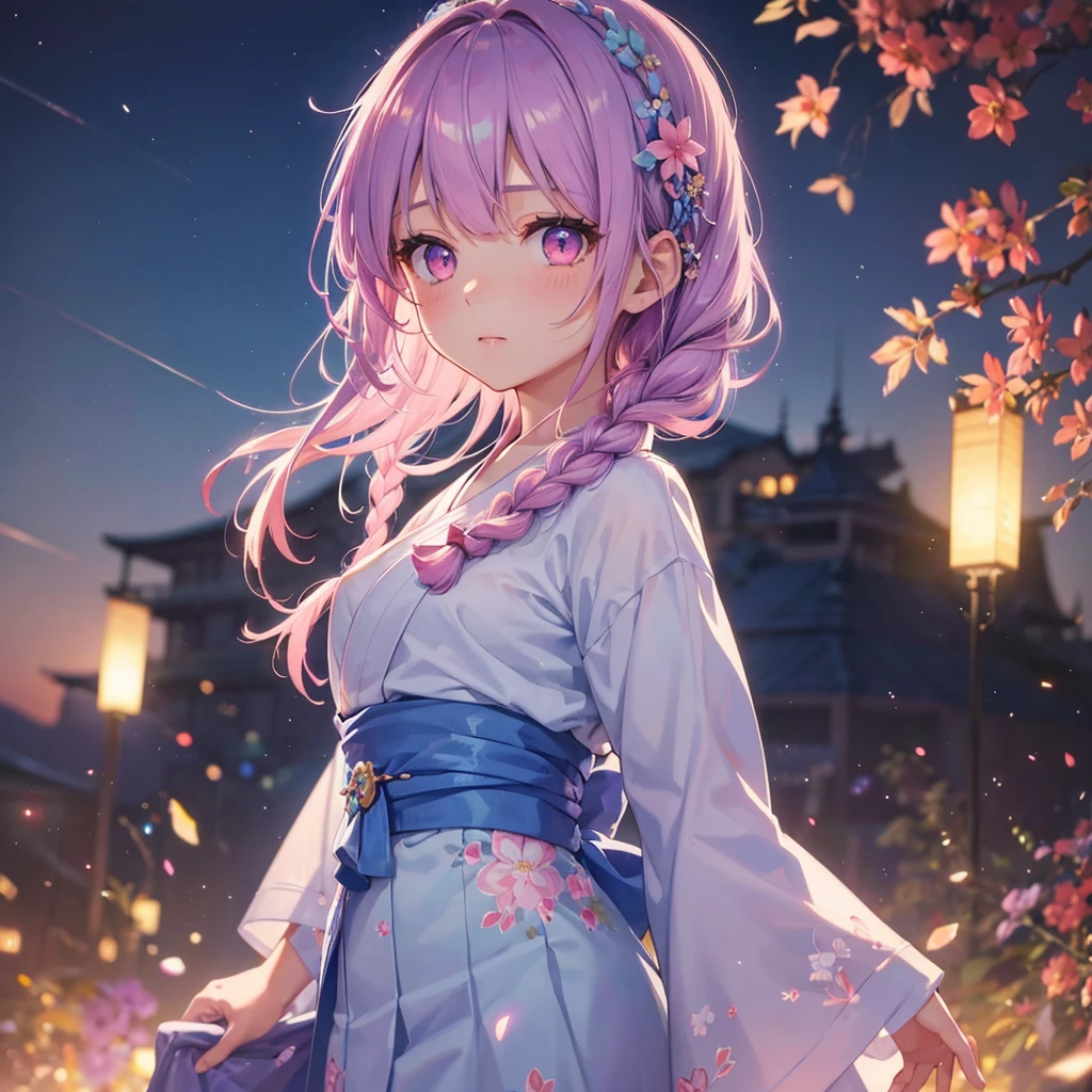 Sky Blue Medium Hair, (Braided Hair),(Pink Eyes),Fair skin ,(whole body),(1 girl)、yukata、summer night、Bright lights filling the night sky、Fireworks、Straight bangs,(masterpiece, Highest quality, Very detailed, Best Shadow), (Detailed Background), (Beautifully detailed face), High Contrast, (Best lighting, Very delicate and beautiful), ((Cinematic Light)), colorful, Hyper Detail, Dramatic Light, Intricate details,