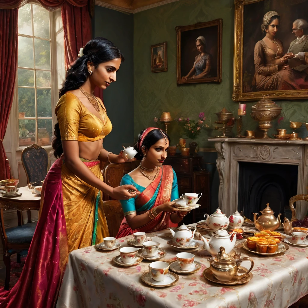 a picture of a british master slave relationship where an indian maid wearing a saree holding a tray of tea cups and serving it to an american woman who is sitting at a table woman at a tea party. the indian maid is standing up and is a servant colorful party, realistic, beautiful, sexy