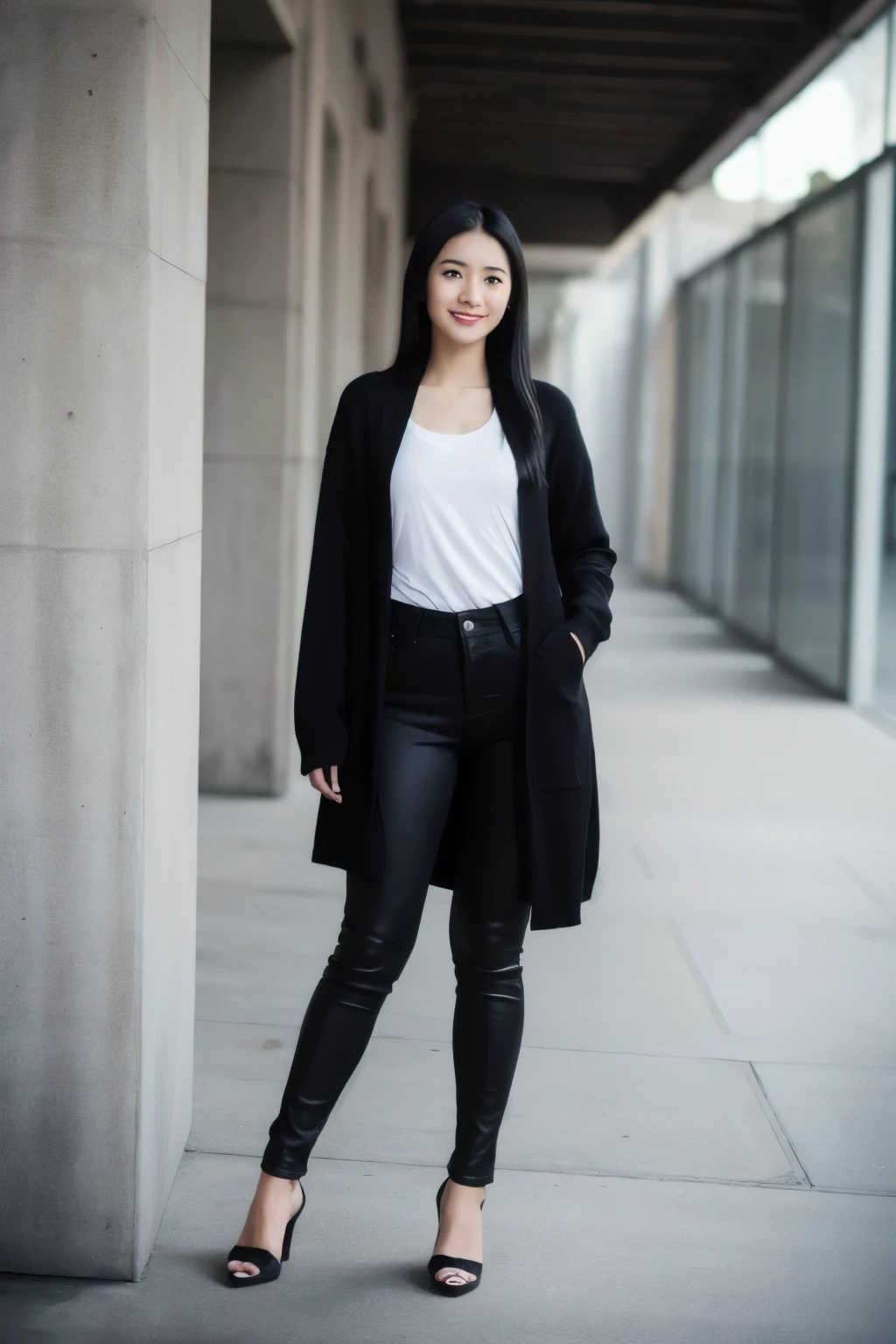 24 years old, girl, t-shirt, long cardigan, black skinny jeans, black hair, indonesian girl, smile, with heels, office, standing, photorealistic, 8k, enjoying, perspective, loveable