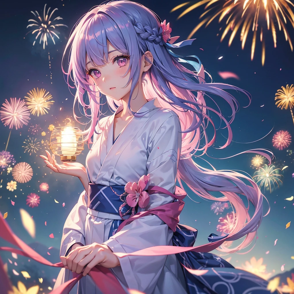 Sky Blue Medium Hair, (Braided Hair),(Pink Eyes),Fair skin ,(whole body),(1 girl)、yukata、firework、Crouch down、線香firework、Straight bangs,(masterpiece, Highest quality, Very detailed, Best Shadow), (Detailed Background), (Beautifully detailed face), High Contrast, (Best lighting, Very delicate and beautiful), ((Cinematic Light)), colorful, Hyper Detail, Dramatic Light, Intricate details,