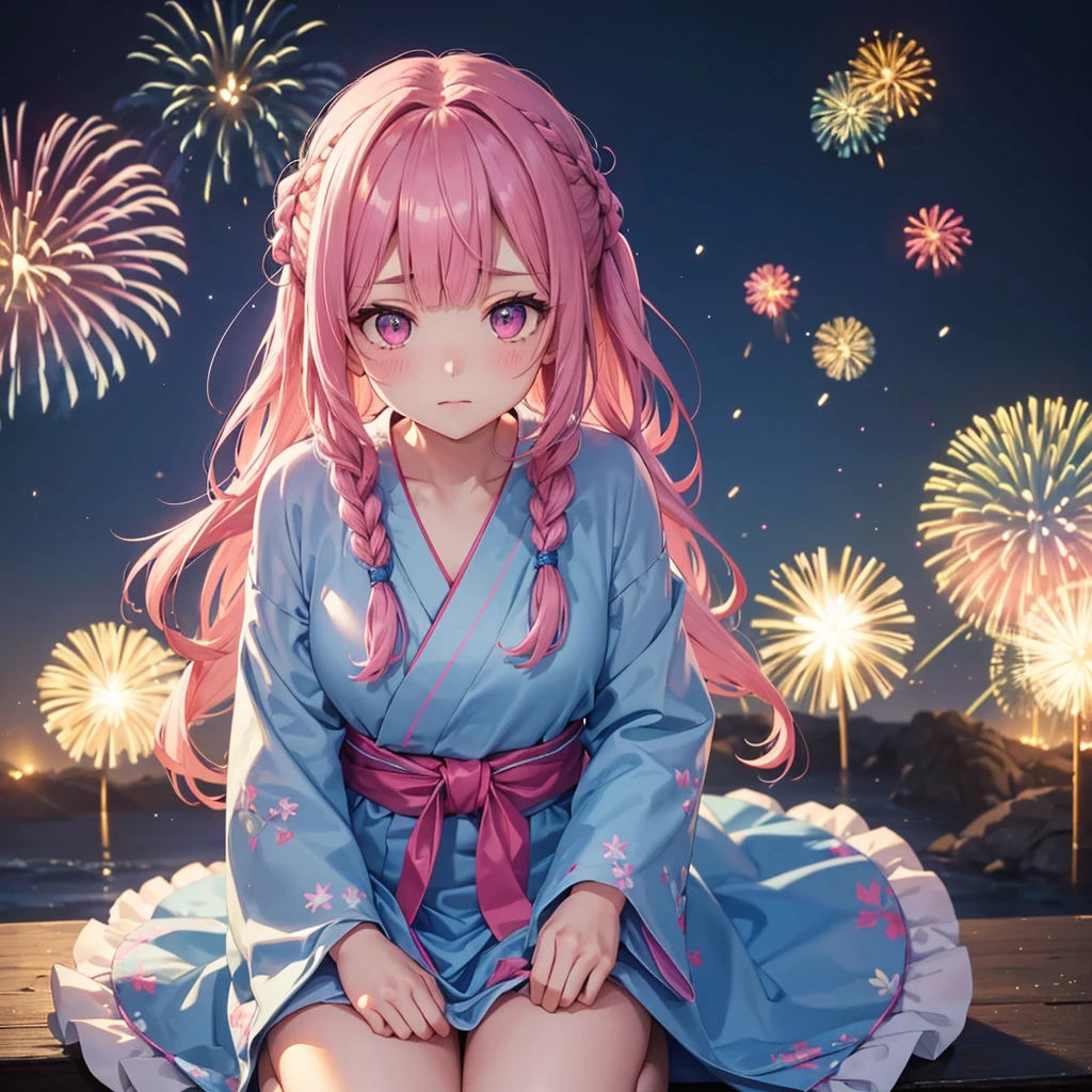 Sky Blue Medium Hair, (Braided Hair),(Pink Eyes),Fair skin ,(whole body),(1 girl)、yukata、firework、Crouch down、線香firework、Straight bangs,(masterpiece, Highest quality, Very detailed, Best Shadow), (Detailed Background), (Beautifully detailed face), High Contrast, (Best lighting, Very delicate and beautiful), ((Cinematic Light)), colorful, Hyper Detail, Dramatic Light, Intricate details,