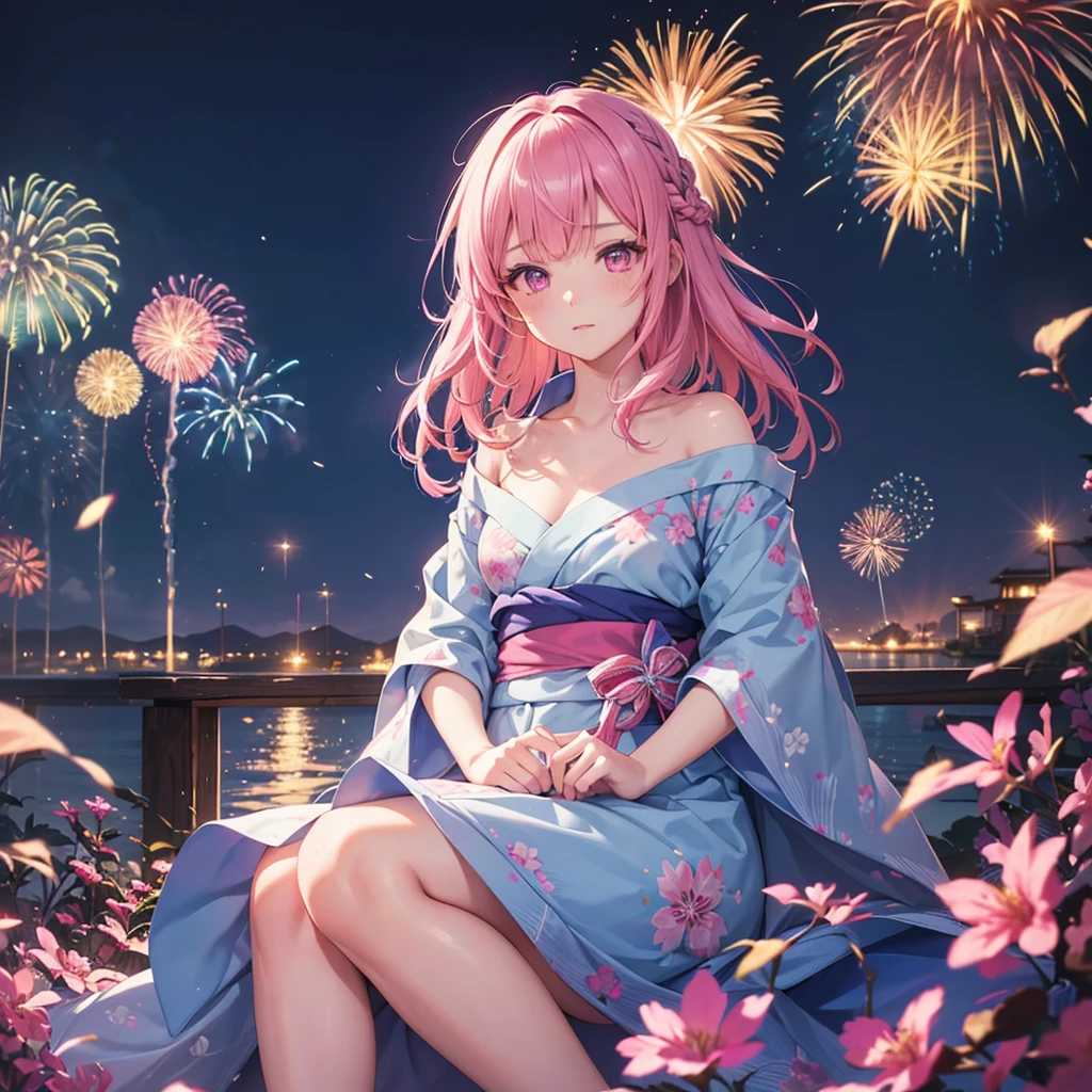 Sky Blue Medium Hair, (Braided Hair),(Pink Eyes),Fair skin ,(whole body),(1 girl)、yukata、firework、Crouch down、線香firework、Straight bangs,(masterpiece, Highest quality, Very detailed, Best Shadow), (Detailed Background), (Beautifully detailed face), High Contrast, (Best lighting, Very delicate and beautiful), ((Cinematic Light)), colorful, Hyper Detail, Dramatic Light, Intricate details,