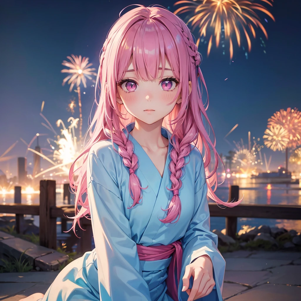 Sky Blue Medium Hair, (Braided Hair),(Pink Eyes),Fair skin ,(whole body),(1 girl)、yukata、firework、Crouch down、線香firework、Straight bangs,(masterpiece, Highest quality, Very detailed, Best Shadow), (Detailed Background), (Beautifully detailed face), High Contrast, (Best lighting, Very delicate and beautiful), ((Cinematic Light)), colorful, Hyper Detail, Dramatic Light, Intricate details,