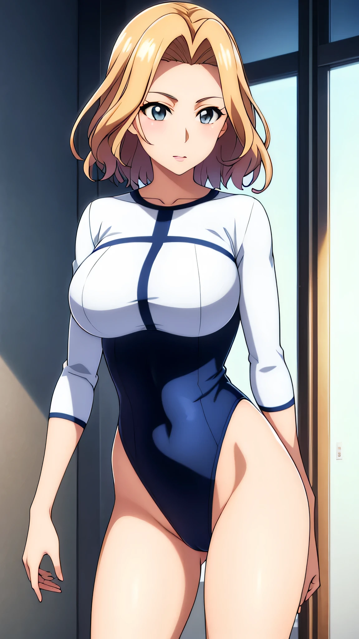 Rangiku Matsumoto、bionde、Short Hair、Grey Eyes、Parted bangs、Wavy Hair、20s style、Big Breasts、A woman with very large breasts、Adult、Sexy look、Relaxed facial expression、Green leotard、gym、Are standing、1 female、plain leotard、solo、Long sleeve、High leg、U-neck、masterpiece、Highest quality、High resolution、Perfect lighting、Toned body、Tall Woman、Highly detailed CG、leotard with an green、Perfect hands、leotard sleeve with an long sleeve、leotard neck with an U neck、leotard waist with an high leg、Perfect Anatomy、Stylish pose、Stylish angle、Looking at the audience、centered in picture、Cowboy Shot、