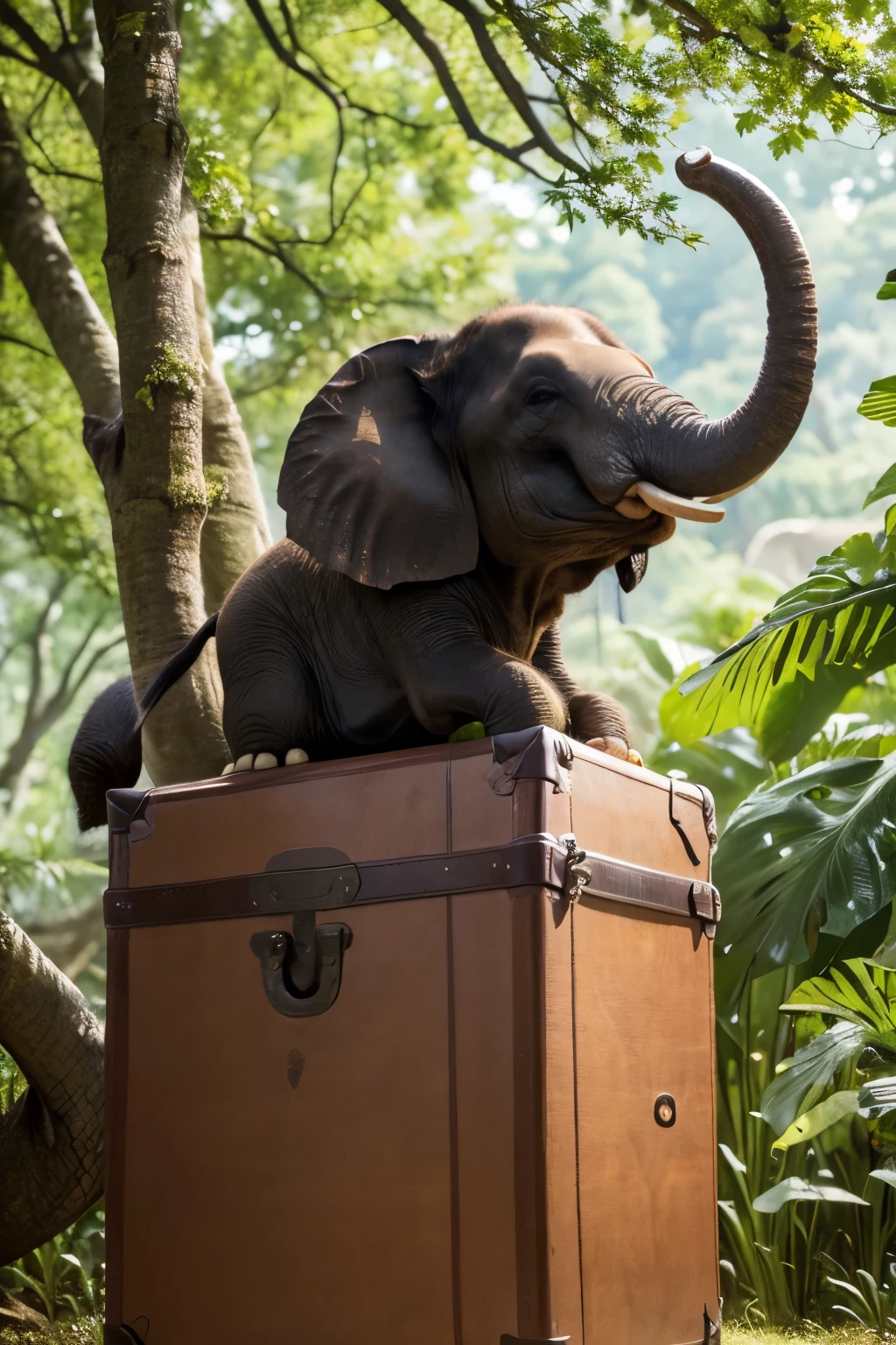 1.1, A Rare Sight: S2, An Elephant,((perched:1.3)), on a Tree,((surreal:1.2)), High-resolution, Detailed,((Trunk:1.1)), curled around a branch,((Eyes wide with surprise:1.2)), Lush green forest behind,((Birds chirping in the background:1.1)), Unbelievable scene, Realistic,((Best quality:1.2)), Awe-inspiring, ((Elephant's wrinkly skin:1.1)), Magnificent,((Trunk-touching-the-tree:1.1)),