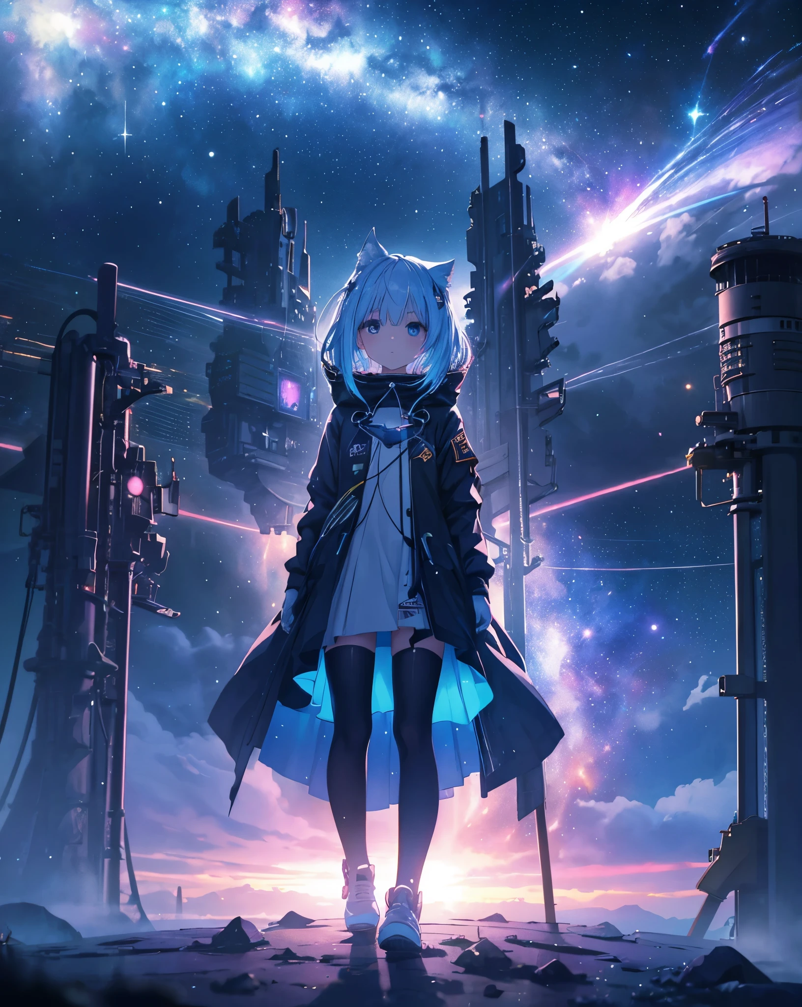 anime nekogirl looking at a shooting star above the clouds, highly detailed raw color photo, dynamic pose, (cosmic: 1.4), (necropolis: 1.1), (science fiction setting), chromatic aberration, depth of field, soft lighting, masterpiece, best quality, intricate, (lens reflection: 0.7), (flowering: 0.7), particle effects, ray tracing